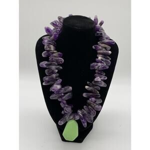 Vintage 16” Amethyst And Green Stone Necklace Sterling Silver Clasp Chunky